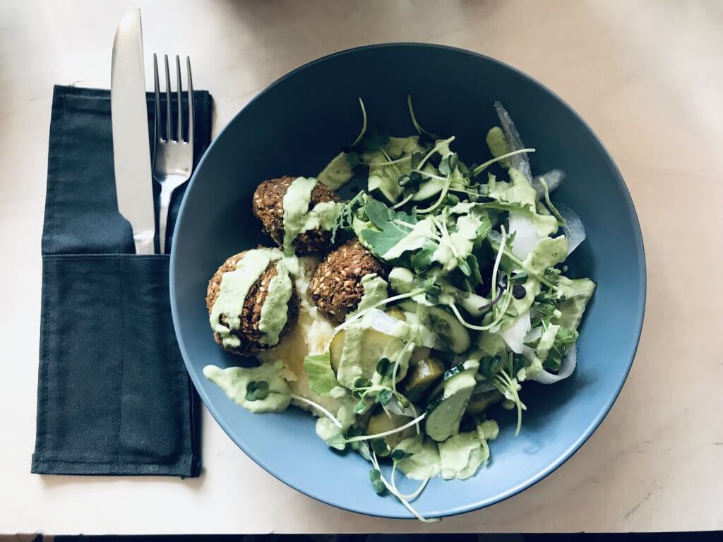 vegan lunch- falafal salad at Terapija restaurant, Riga
