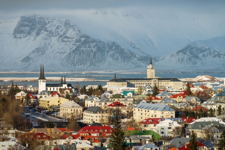city near mountains in winter